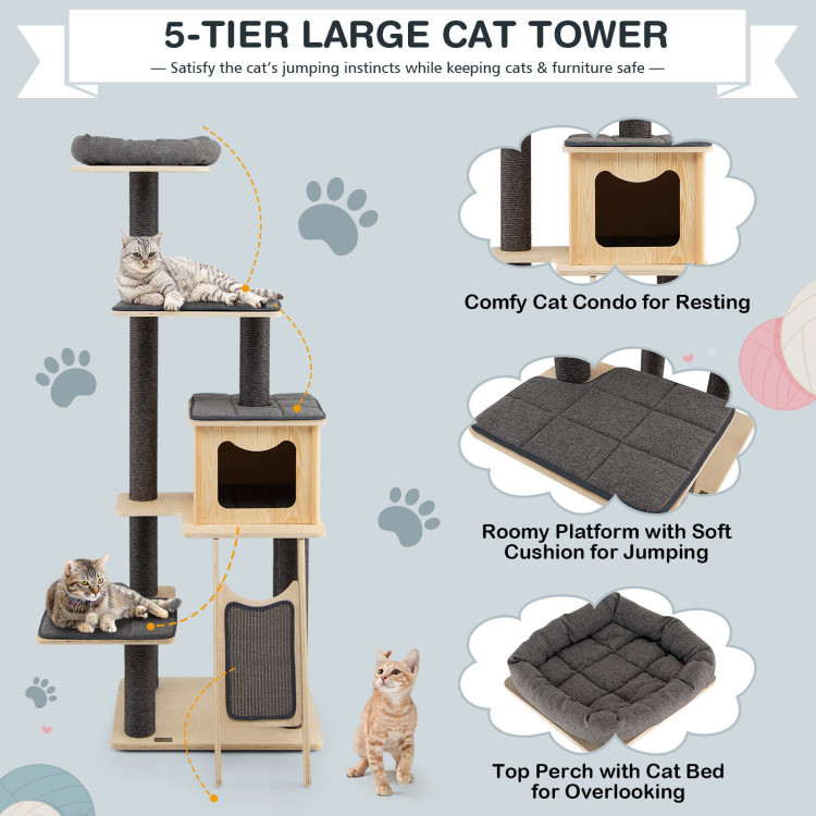 5-Tier Modern Wood Cat Tower with Washable Cushions-GrayCostway Gallery View 5 of 10