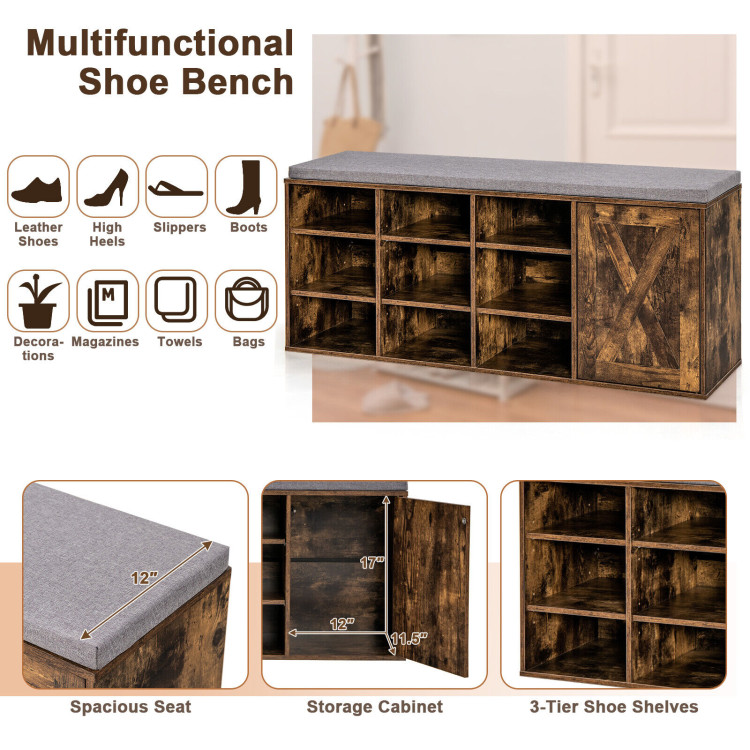 9-cube Adjustable Storage Shoe Bench with Padded Cushion-Rustic BrownCostway Gallery View 5 of 10