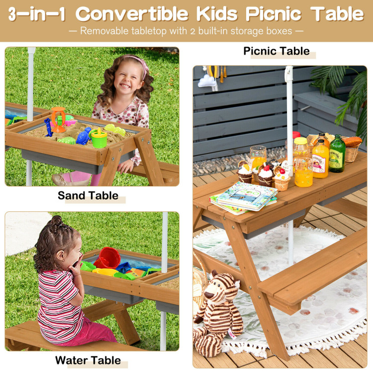 3-in-1 Kids Outdoor Picnic Water Sand Table with Umbrella Play BoxesCostway Gallery View 8 of 11