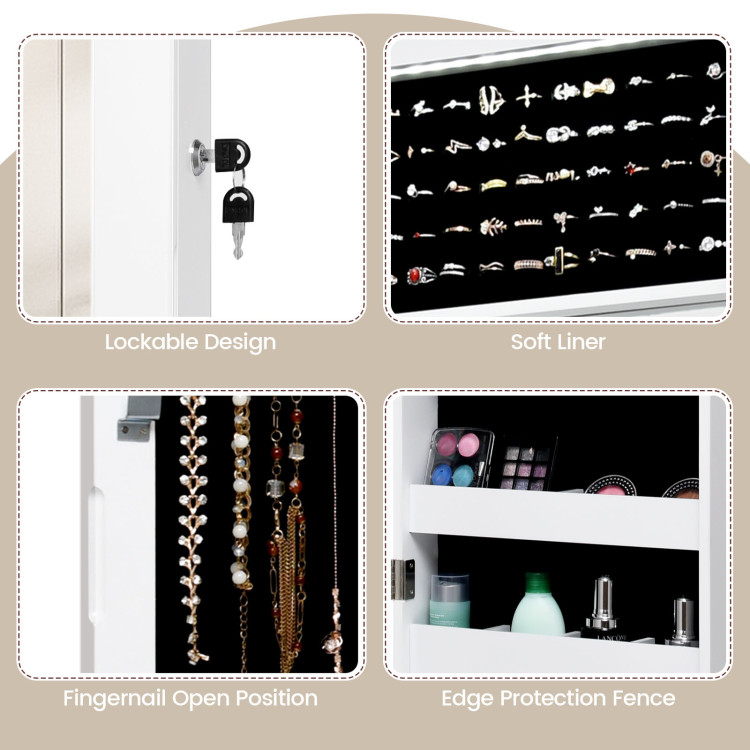Lockable Wall Door Mounted Mirror Jewelry Cabinet w/LED Lights-WhiteCostway Gallery View 7 of 9