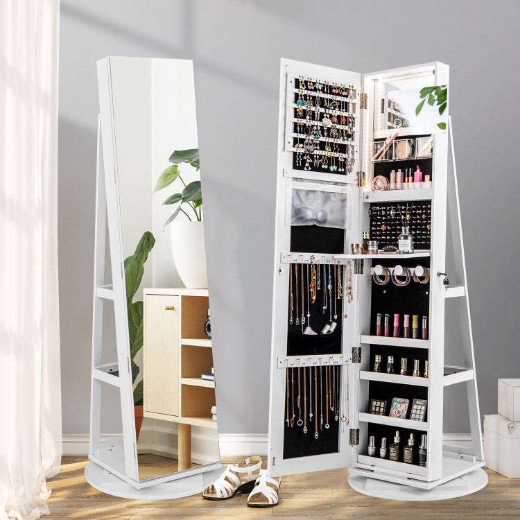 360° Rotating Mirrored Jewelry Cabinet Armoire 3 Color LED Modes Lockable-WhiteCostway Gallery View 1 of 10