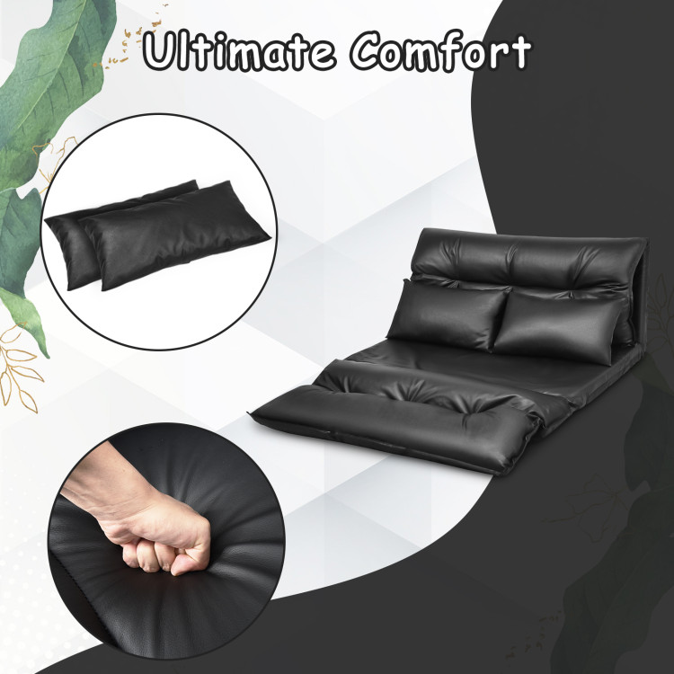 Foldable PU Leather Leisure Floor Sofa Bed with 2 Pillows-BlackCostway Gallery View 8 of 10