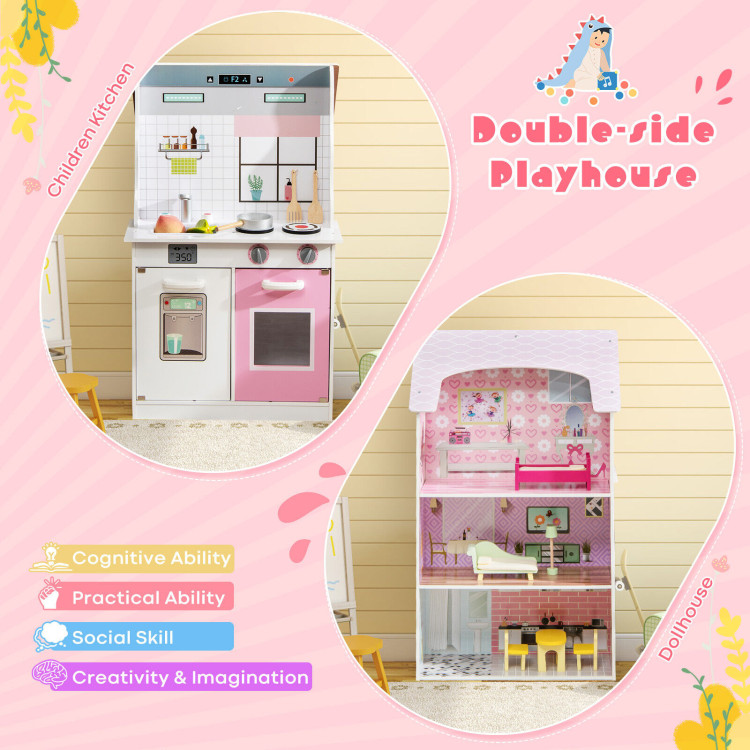2-In-1 Kids Kitchen Playset and Dollhouse with AccessoriesCostway Gallery View 2 of 11