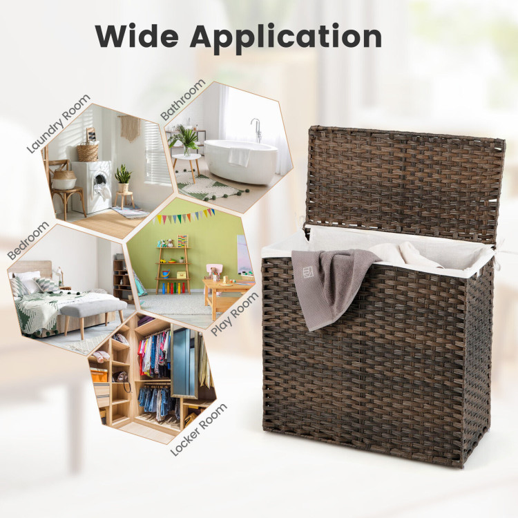 10L 3-Section Laundry Hamper with Liner Bag and Handle-BrownCostway Gallery View 5 of 10