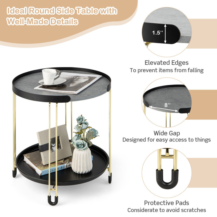 2-Tier Round Side Table with Removable Tray and Metal Frame for Small Space-GoldenCostway Gallery View 3 of 10