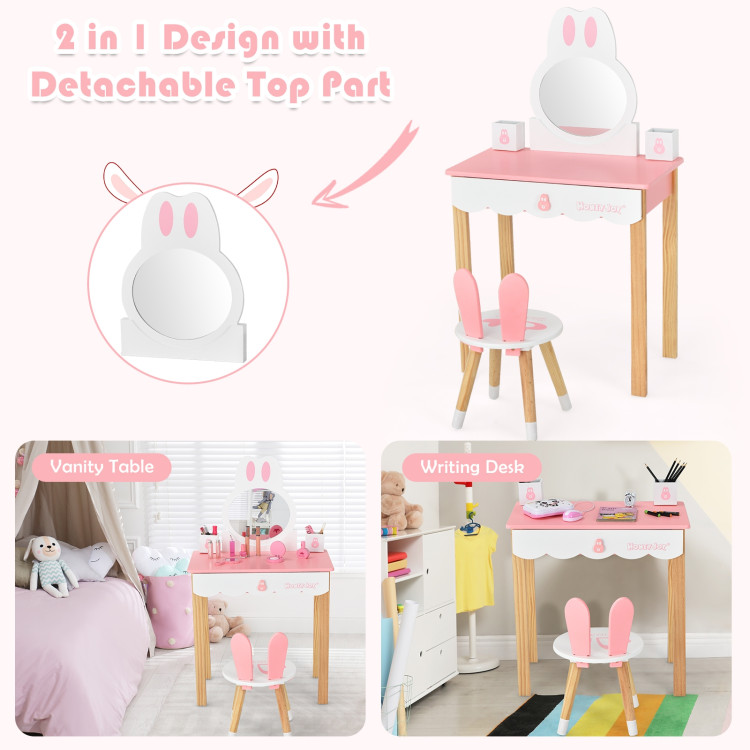 Kids Vanity Set Rabbit Makeup Dressing Table Chair Set with Mirror and Drawer-PinkCostway Gallery View 5 of 12