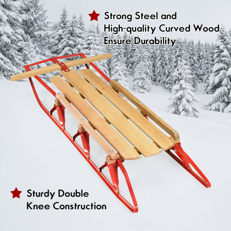 54 Inch Kids Wooden Snow Sled with Metal Runners and Steering BarCostway Gallery View 9 of 12