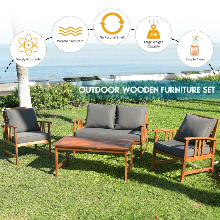 4 Pcs Wooden Patio Furniture Set Table Sofa Chair Cushioned GardenCostway Gallery View 2 of 10