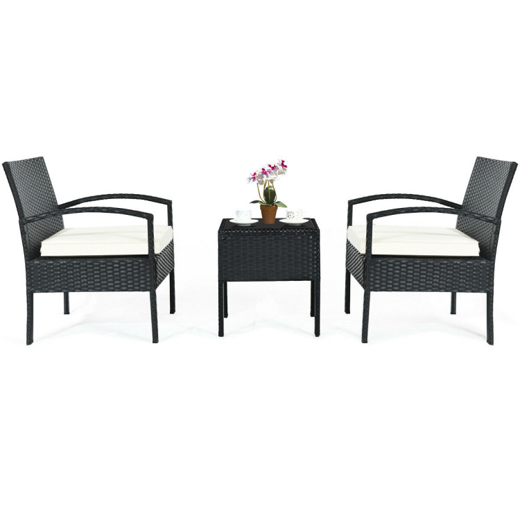 3 Pieces Outdoor Rattan Patio Conversation Set with Seat Cushions-WhiteCostway Gallery View 9 of 12