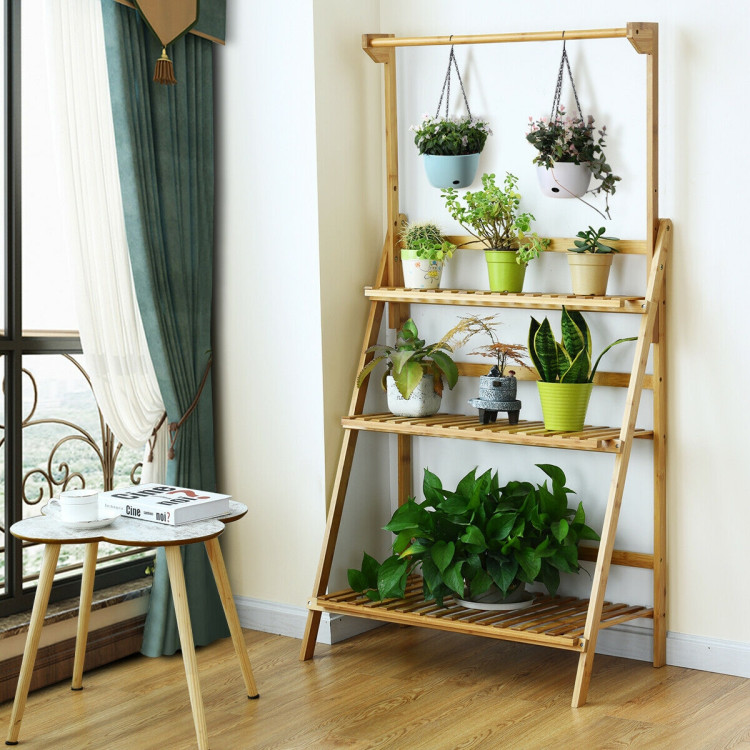 3 Tiers Bamboo Hanging Folding Plant Shelf StandCostway Gallery View 3 of 13