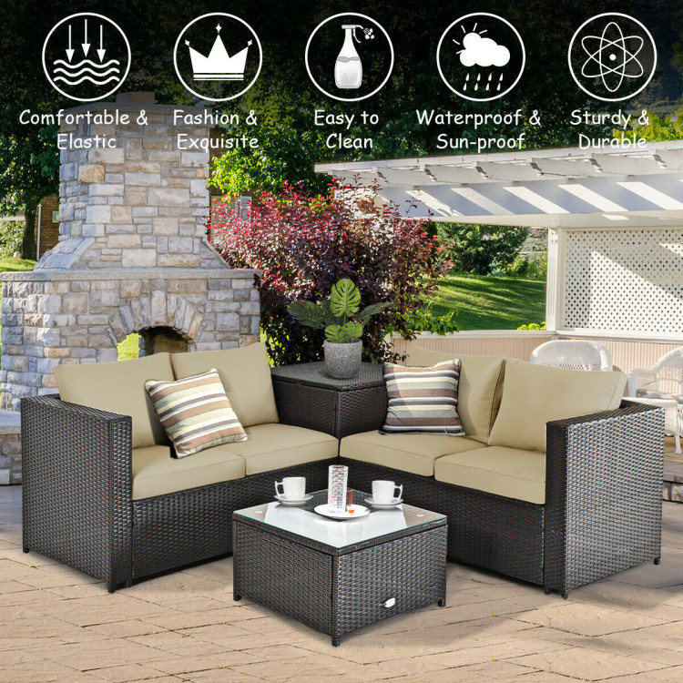 4 Pcs Outdoor Patio Rattan Furniture Set with Cushioned Loveseat and Storage Box-BrownCostway Gallery View 5 of 12