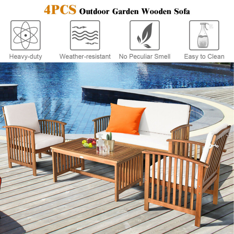 4 Pieces Patio Solid Wood Furniture Set-Beige - Gallery View 5 of 11