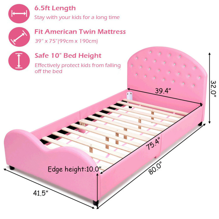 Twin Size Upholstered Platform Toddler Bed with Wood Slat SupportCostway Gallery View 5 of 10