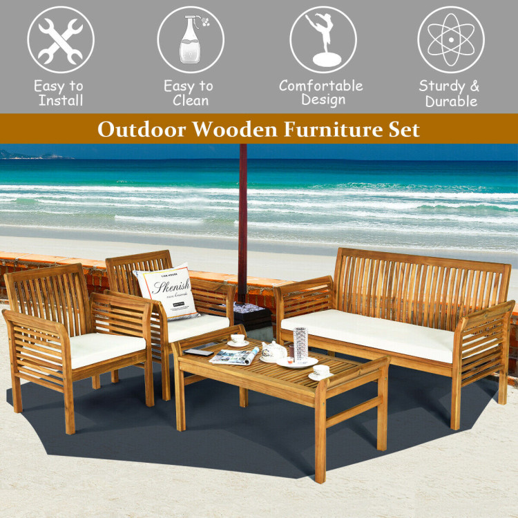 4 Pieces Outdoor Acacia Wood Sofa Furniture SetCostway Gallery View 3 of 11