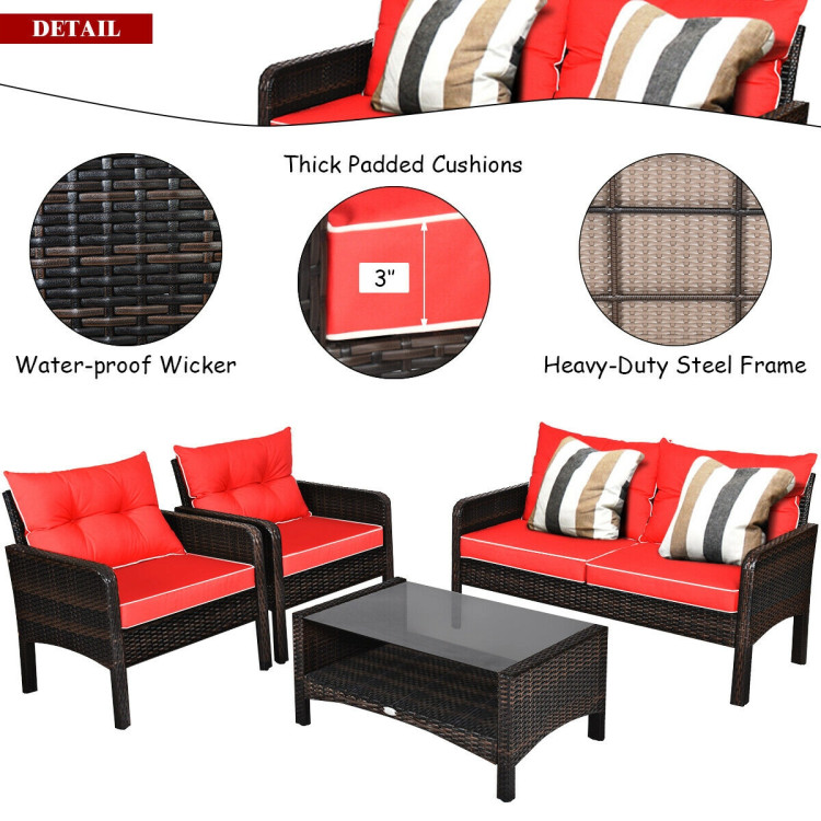 4 Pieces Outdoor Rattan Wicker Loveseat Furniture Set with Cushions-RedCostway Gallery View 5 of 9