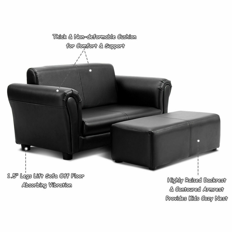 Black/White Kids Double Sofa with Ottoman-BlackCostway Gallery View 10 of 12