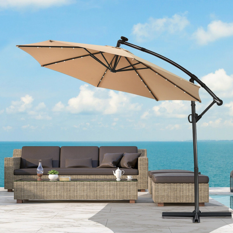 10 ft 360° Rotation Solar Powered LED Patio Offset Umbrella without Weight Base-BeigeCostway Gallery View 2 of 12