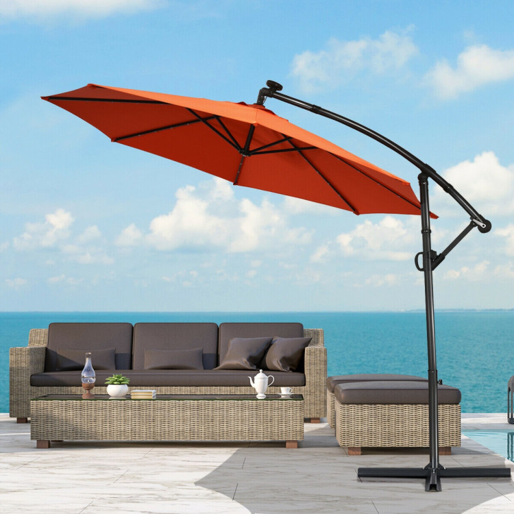 10 ft 360° Rotation Solar Powered LED Patio Offset Umbrella without Weight Base-OrangeCostway Gallery View 2 of 12