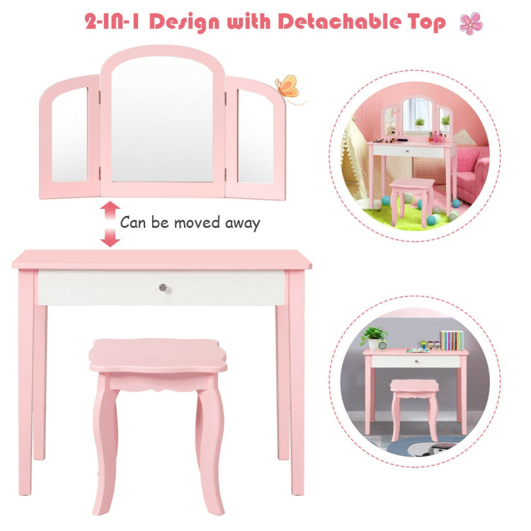 Kids Princess Make Up Dressing Table with Tri-folding Mirror and Chair-PinkCostway Gallery View 2 of 12