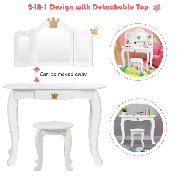 Kids Makeup Dressing Table with Tri-folding Mirror and Stool-WhiteCostway Gallery View 3 of 12