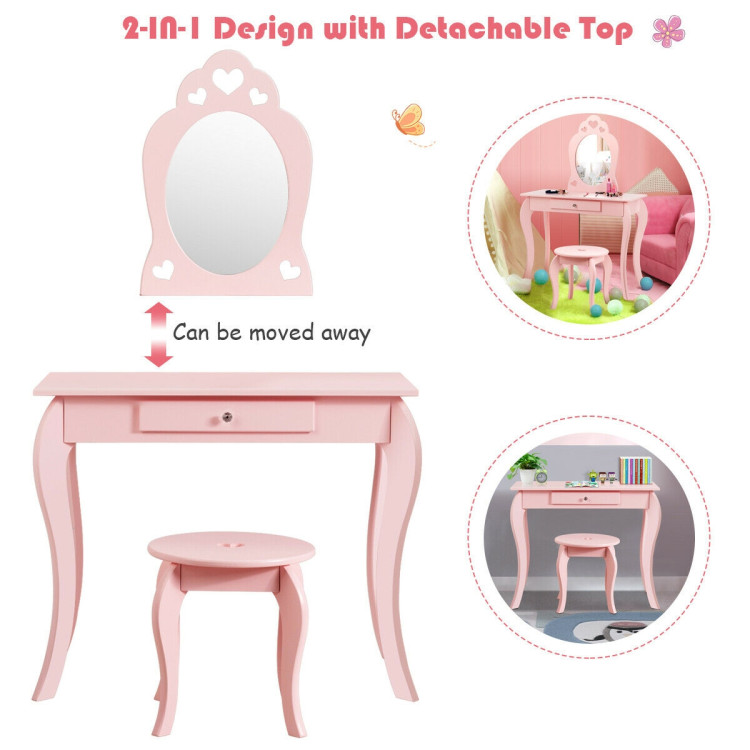 Kids Princess Makeup Dressing Play Table Set with Mirror -PinkCostway Gallery View 2 of 12
