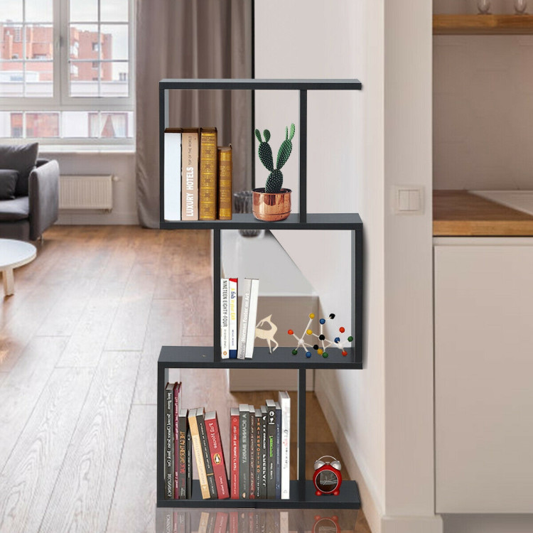 2/3/4 Tiers Wooden S-Shaped Bookcase for Living Room Bedroom Office-3-TierCostway Gallery View 4 of 12