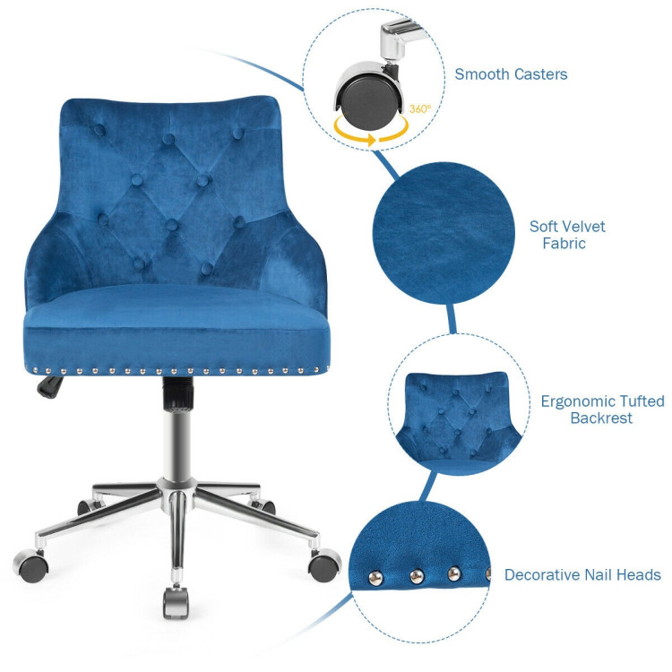 Tufted Upholstered Swivel Computer Desk Chair with Nailed Tri-BlueCostway Gallery View 3 of 10