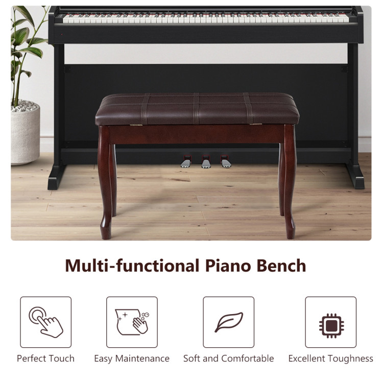 Solid Wood PU Leather Piano Bench with Storage-BrownCostway Gallery View 2 of 10