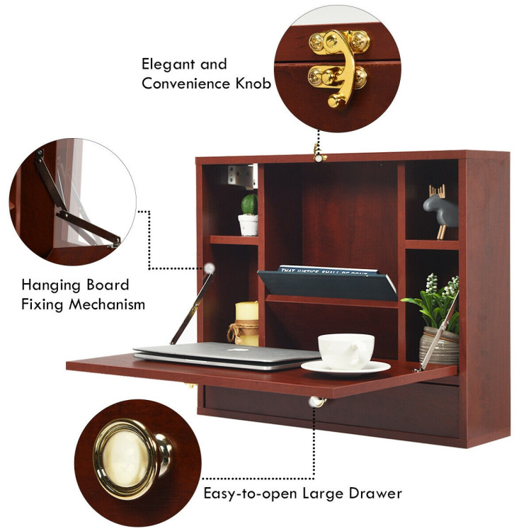 Wall Mounted Folding Laptop Desk Hideaway Storage with Drawer-BrownCostway Gallery View 10 of 10