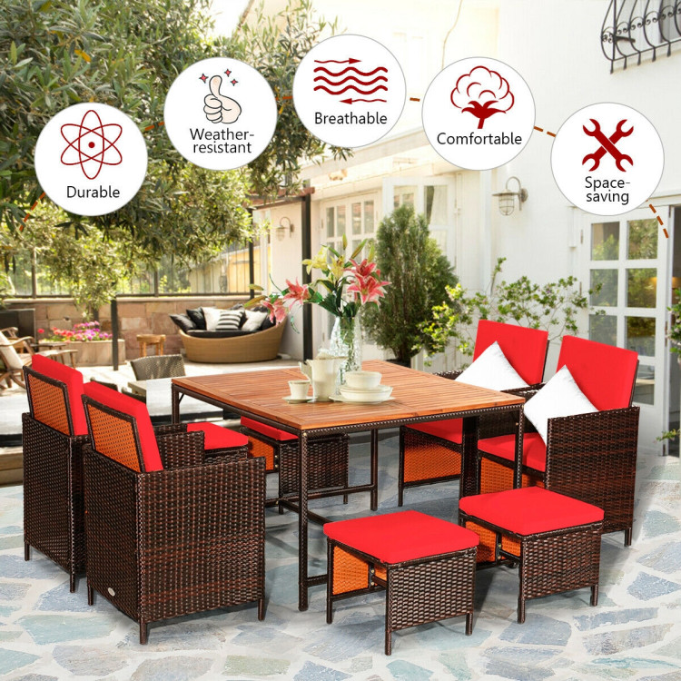 9 Pieces Patio Rattan Dining Cushioned Chairs Set-RedCostway Gallery View 2 of 11