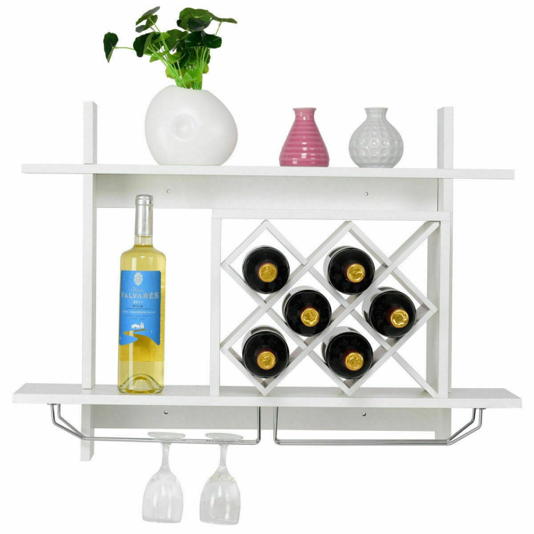 Household Wall Mount Wine Rack Organizer with Glass Holder Storage ShelfCostway Gallery View 5 of 9