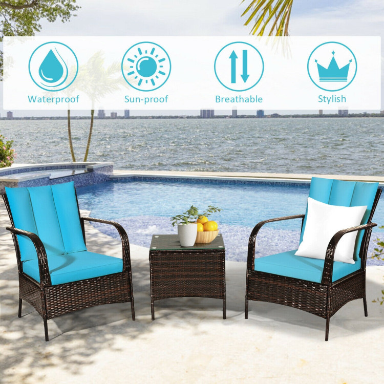 3 Pcs Patio Conversation Rattan Furniture Set with Glass Top Coffee Table and Cushions-TurquoiseCostway Gallery View 3 of 11