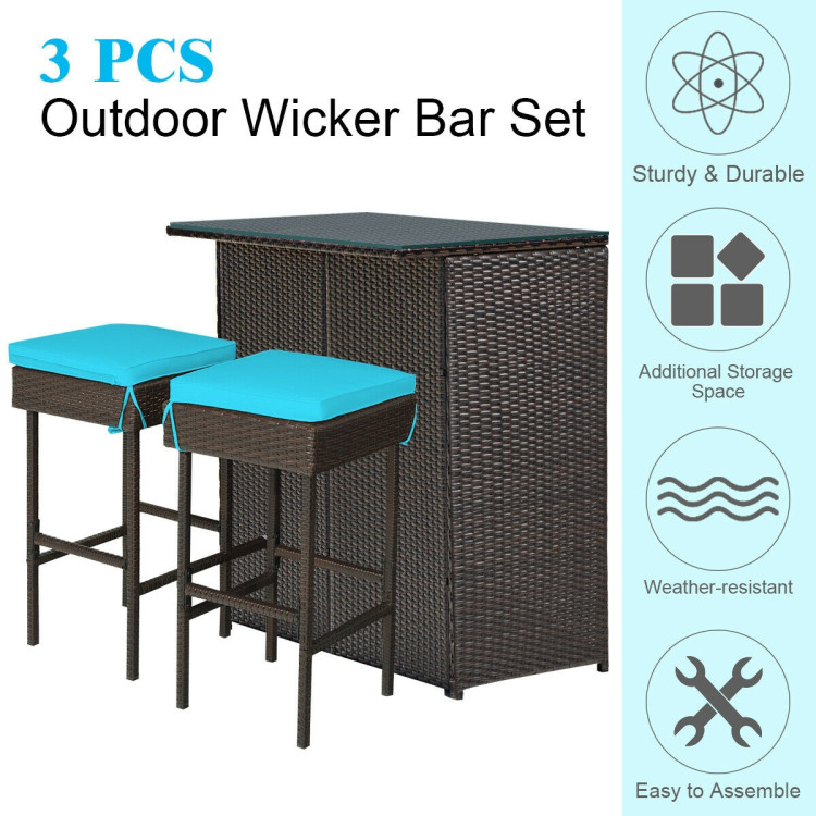 3PCS Patio Rattan Wicker Bar Table Stools Dining Set-TurquoiseCostway Gallery View 5 of 12