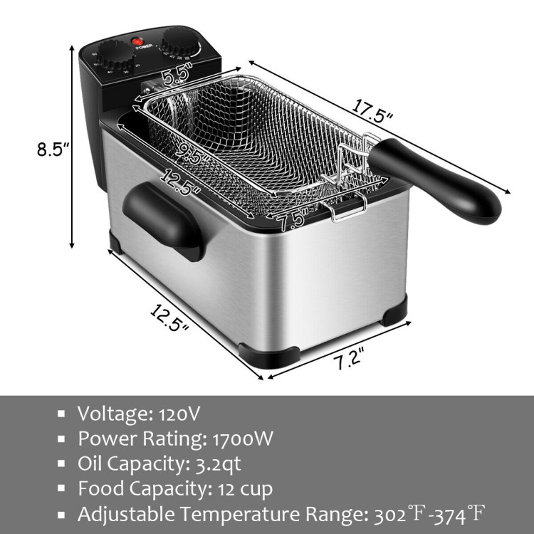 3.2 Quart Electric Stainless Steel Deep Fryer with TimerCostway Gallery View 7 of 12