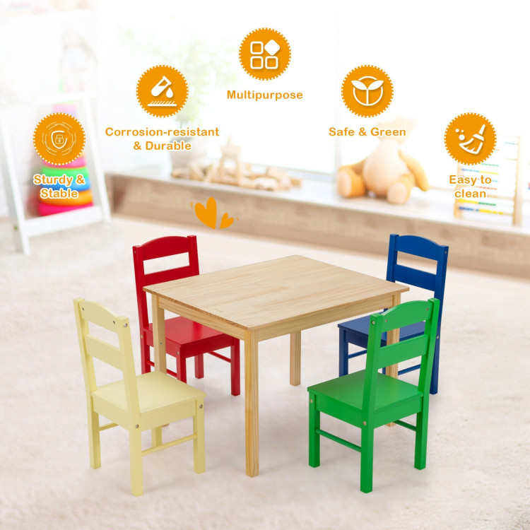 5 pcs Kids Pine Wood Multicolor Table Chair Set Costway Gallery View 3 of 12