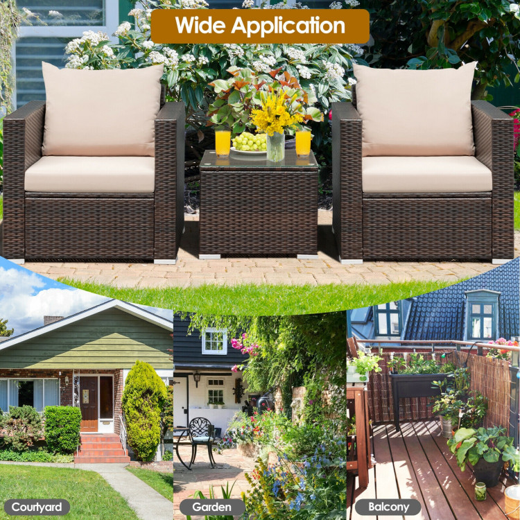 3 Pcs Patio Conversation Rattan Furniture Set with Cushion-BeigeCostway Gallery View 2 of 12
