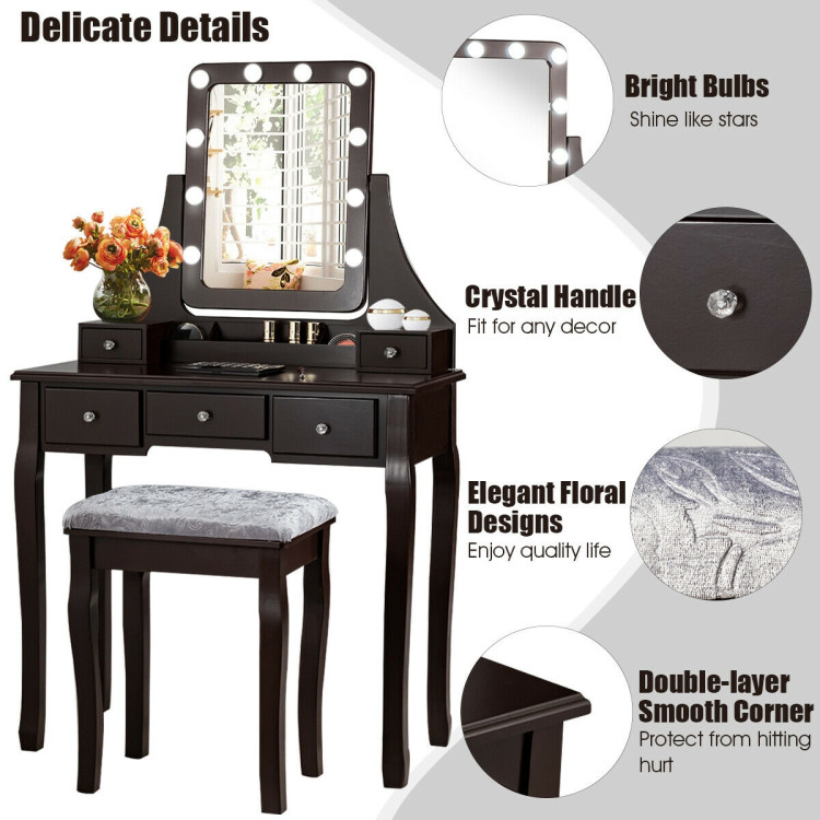 Vanity Dressing Table Set with 10 Dimmable Bulbs and Cushioned Stool-BrownCostway Gallery View 2 of 12