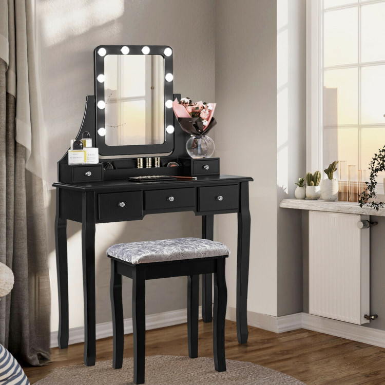 Vanity Dressing Table Set with 10 Dimmable Bulbs and Cushioned Stool-BlackCostway Gallery View 10 of 11