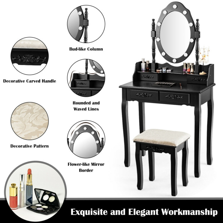 Makeup Vanity Dressing Table Set with Dimmable Bulbs Cushioned Stool-BlackCostway Gallery View 11 of 12