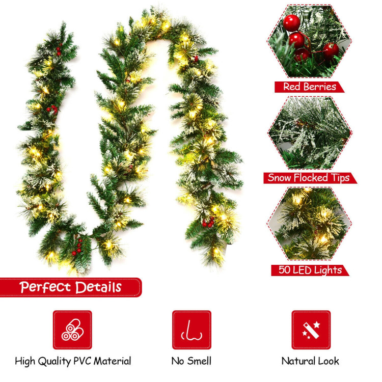 9 Feet Pre-lit Snow Flocked Tips Christmas Garland with Red BerriesCostway Gallery View 4 of 10