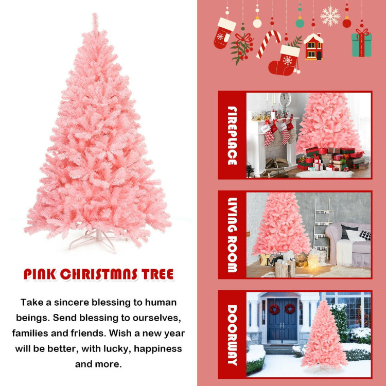 6 Feet Pink Artificial Hinged Spruce Full Christmas Tree with Foldable Metal StandCostway Gallery View 12 of 12