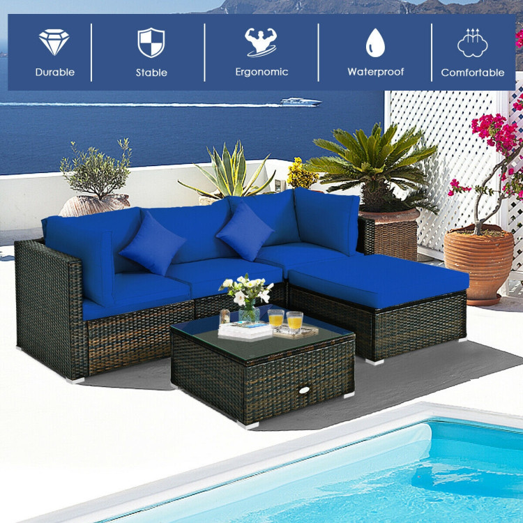 5 Pcs Outdoor Patio Rattan Furniture Set Sectional Conversation with Navy Cushions-NavyCostway Gallery View 2 of 12