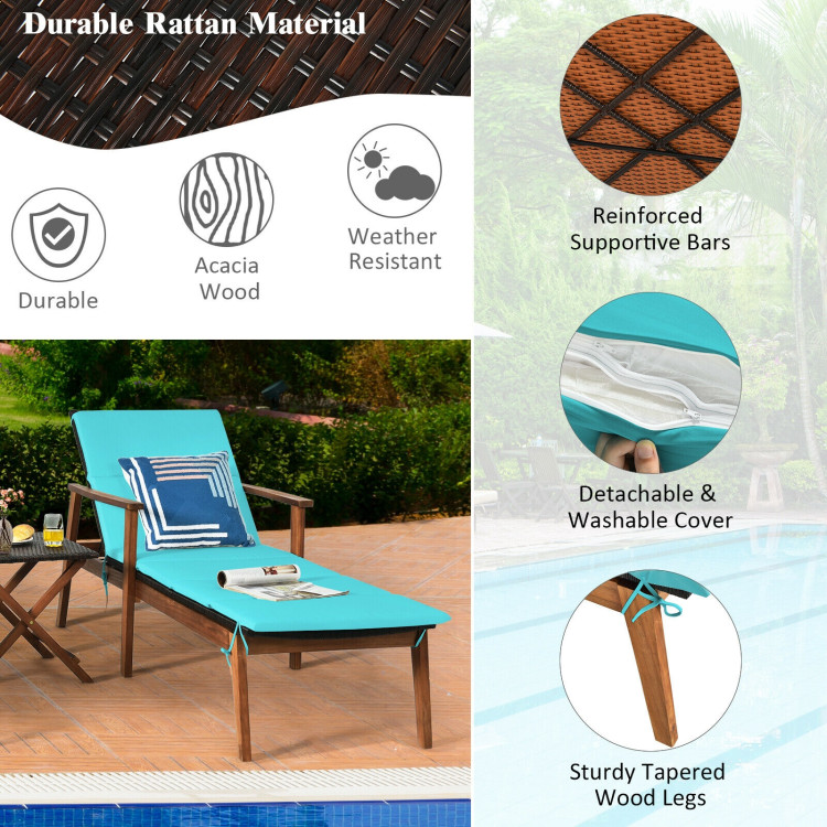 3 Pieces Portable Patio Cushioned Rattan Lounge Chair Set with Folding Table-TurquoiseCostway Gallery View 2 of 12