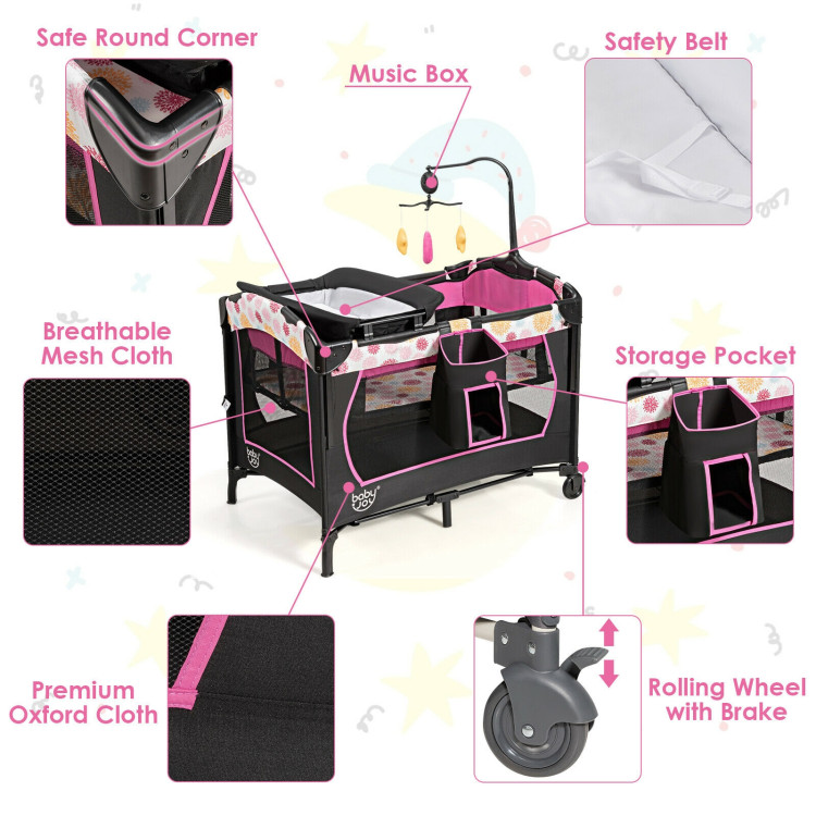 3-in-1 Convertible Portable Baby Playard with Music Box and Wheel and Brakes-PinkCostway Gallery View 5 of 8