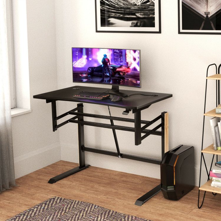 Pneumatic Height Adjustable Gaming Desk T Shaped Game Station with Power Strip Tray-BlackCostway Gallery View 1 of 12