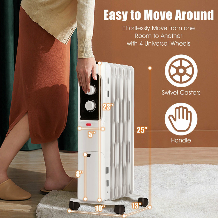 1500W Oil Filled Portable Radiator Space Heater with Adjustable Thermostat-WhiteCostway Gallery View 5 of 9