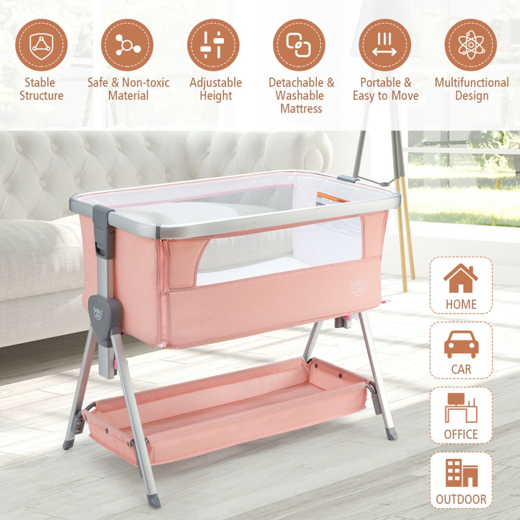 Baby Bed Side Crib Portable Adjustable Infant Travel Sleeper Bassinet-PinkCostway Gallery View 3 of 12