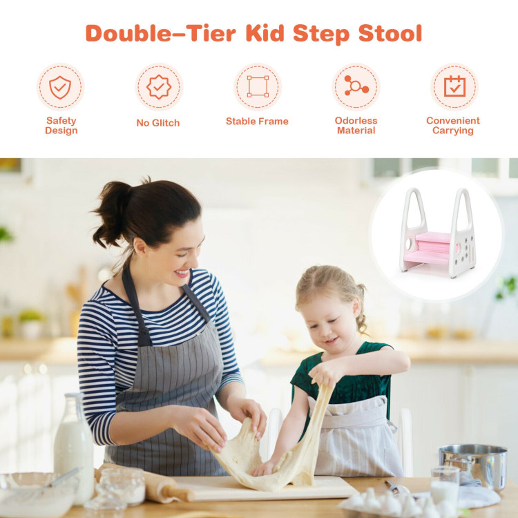 Kids Step Stool Learning Helper with Armrest for Kitchen Toilet Potty Training-PinkCostway Gallery View 3 of 13