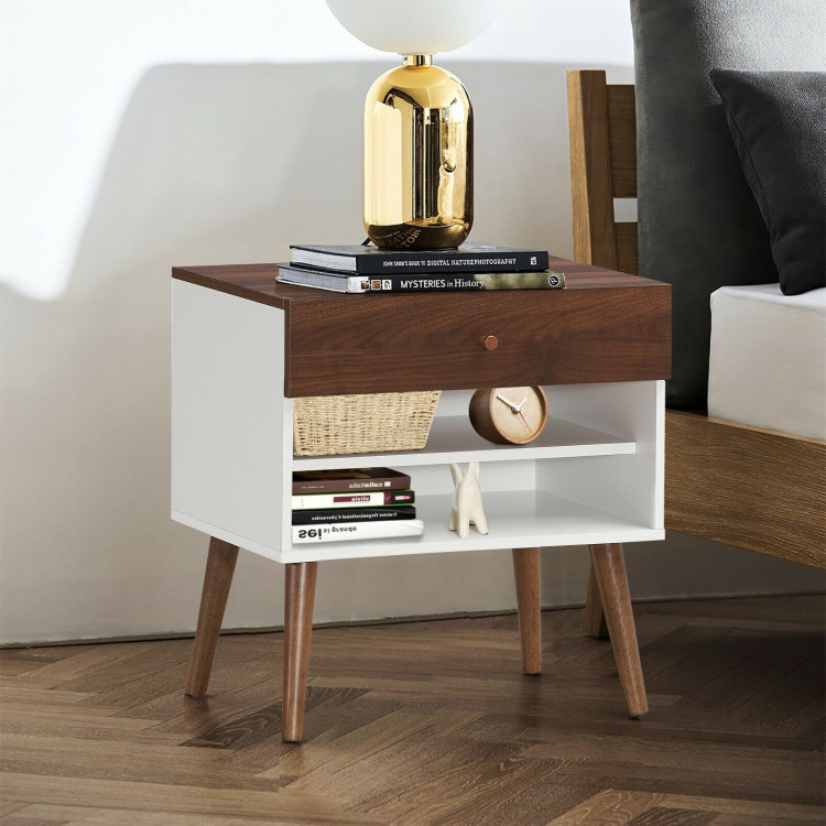 Mid-Century Nightstand with Drawer and Rubber Wood LegsCostway Gallery View 7 of 11