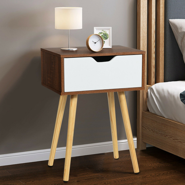 End Side Storage Drawer Nightstand with Solid Wooden LegCostway Gallery View 7 of 12